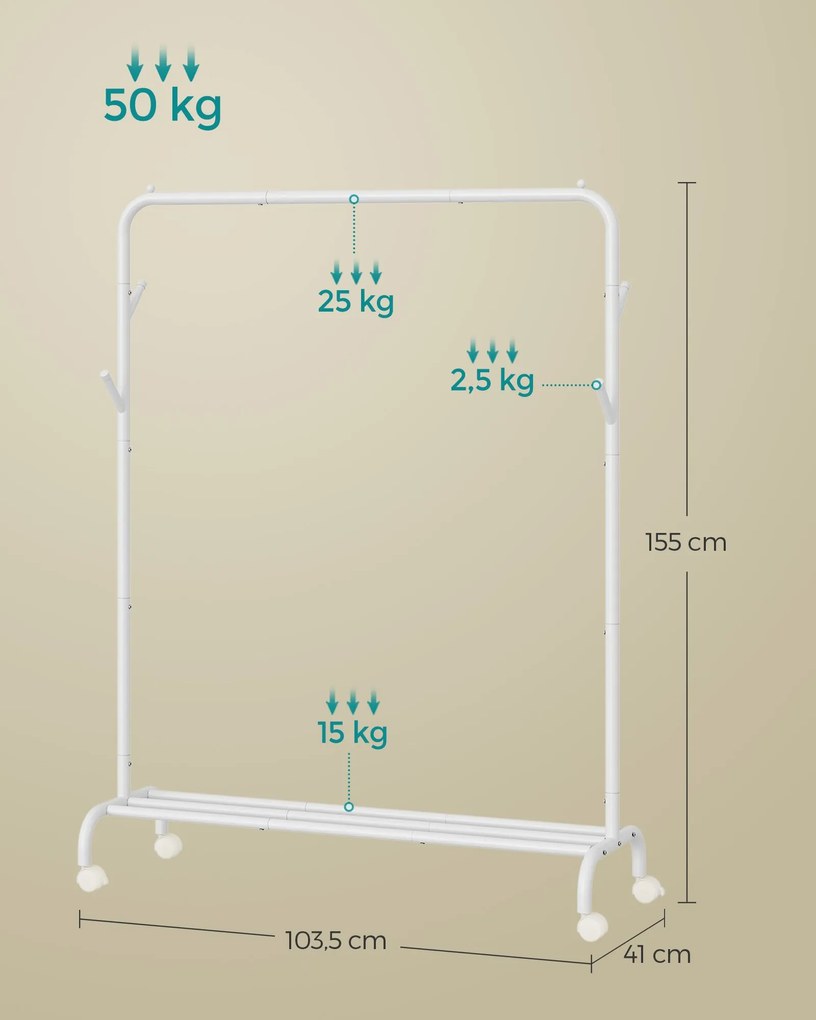 Guarda roupa metal com rodas 41 x 103,5 x 155 cm branco