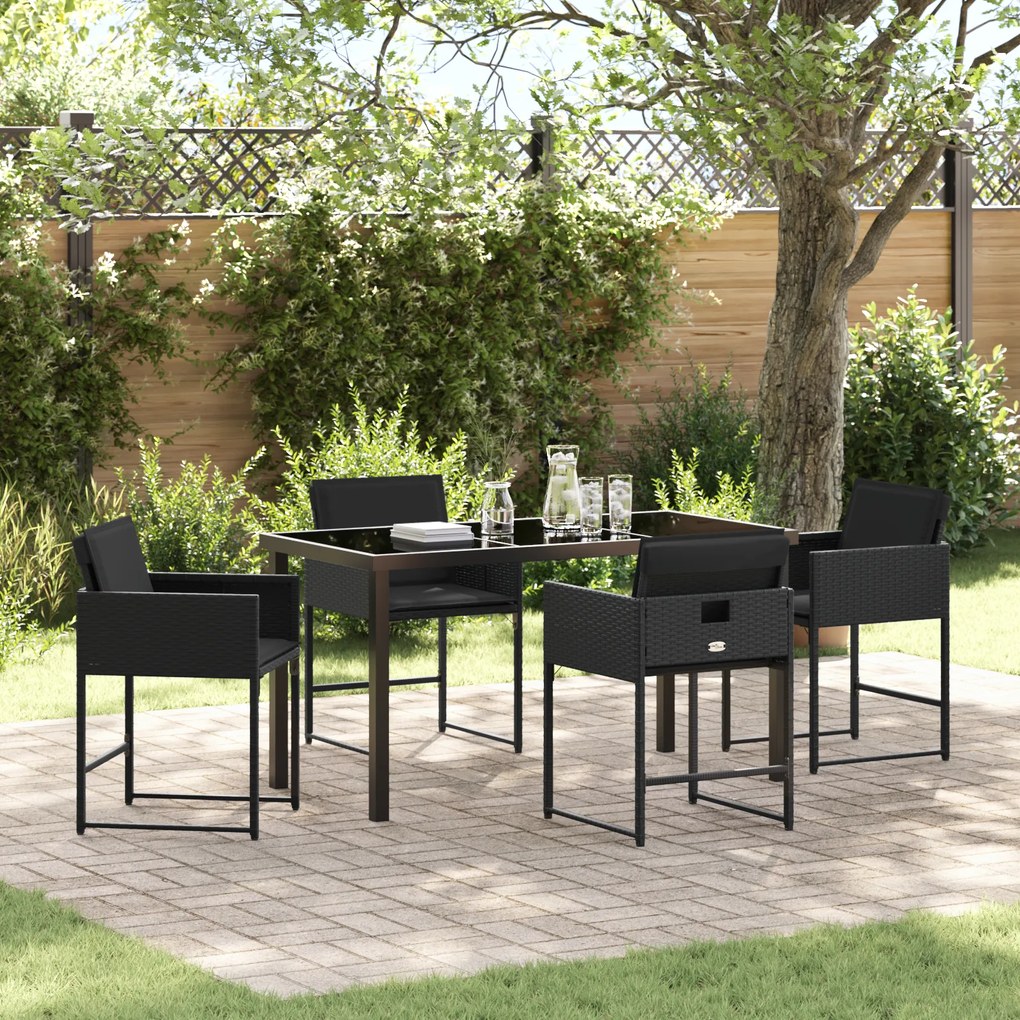 vidaXL Conjunto de Jantar 5 Peças com Almofadas Preto Rattan PE