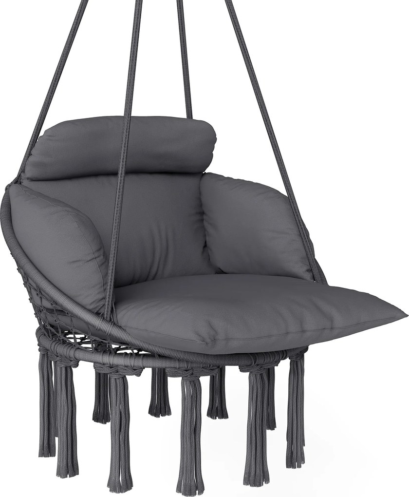 Outsunny Cadeira suspensa com grande almofada acolchoada rede poltrona suspensa com franjas kit de suspensão 80 x 60 x 40 cm cinza escuro | Aosom Portugal