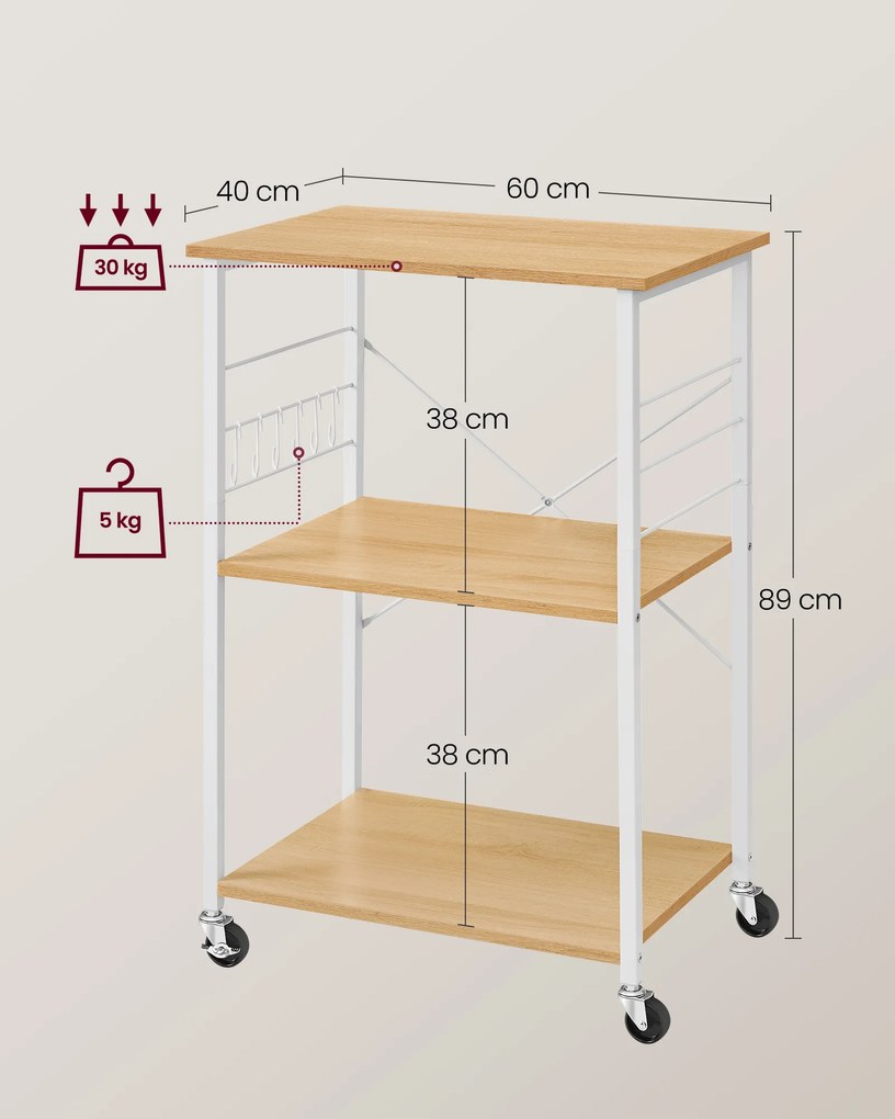 Carrinho de cozinha com Rodas com 3 níveis 40 x 60 x 89 cm carvalho e branco