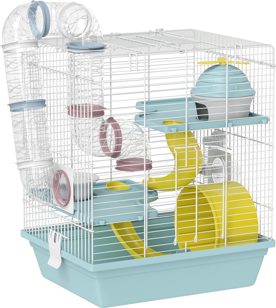 PawHut Gaiola para hamster, gaiola de roedor de 3 níveis, com roda de exercício, túnel de jogo, comedouro, casinha, 34,5 x 27,5 x 41 cm, azul | Aosom Portugal