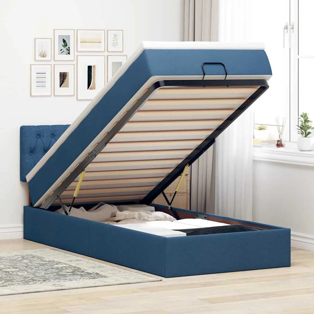 Cama Otomana com Colchão & LEDs Tecido Azul 90x200 cm