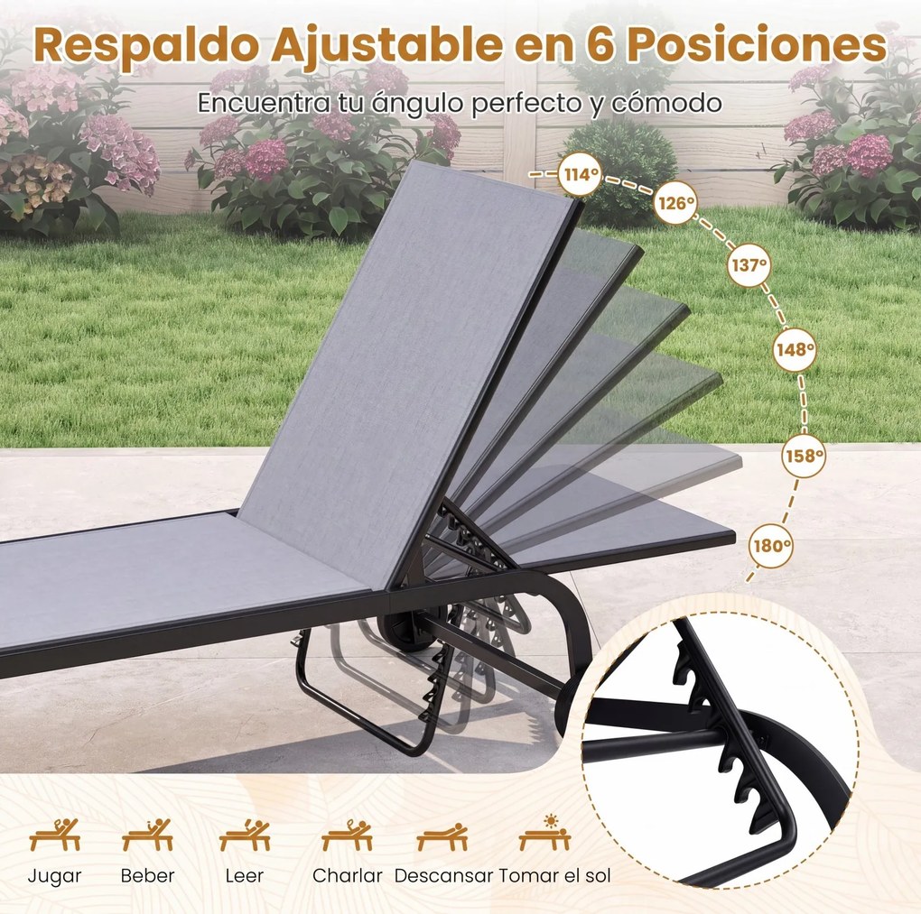 Espreguiçadeira de jardim com rodas 190-164 x 69 x 36-101 cm, encosto ajustável em 6 posições, Estrutura metálica, capacidade de 150 kg, para pátio, t