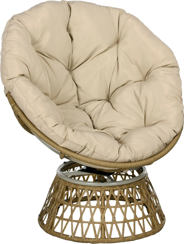 Cadeira Papasan Giratória de Vime Sintético com Almofada Suporta 120 kg para Exterior Jardim Terraço 85x70x82 cm Castanho e Cáqui