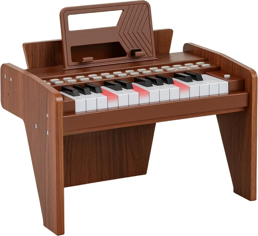 Teclado de piano para crianças 38 x 23 x 27 cm com 25 teclas digital em madeira com velocidade e volume ajustáveis Modo de ensino Castanho