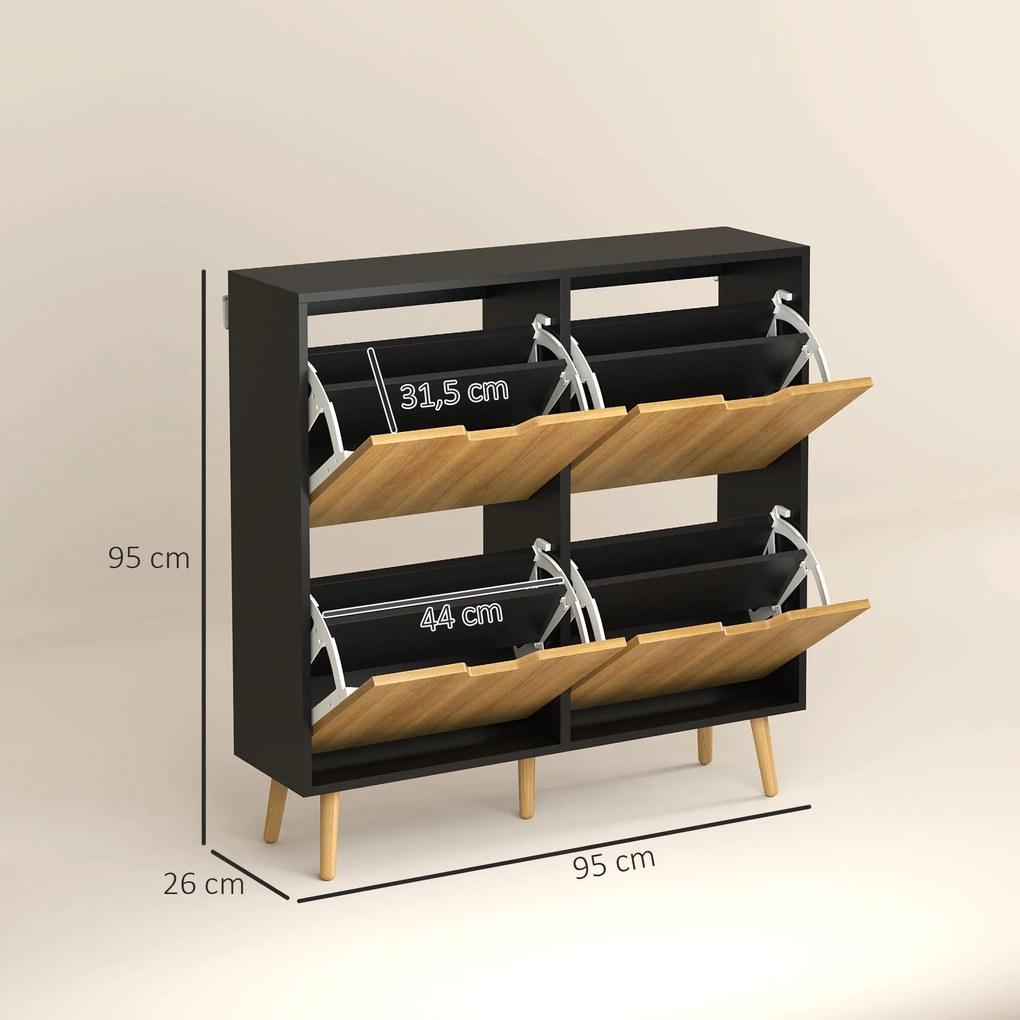 Sapateira para 16 Pares de Sapatos com 4 Gavetas e Prateleiras Ajustáveis 95x26x95 cm Madeira e Preto