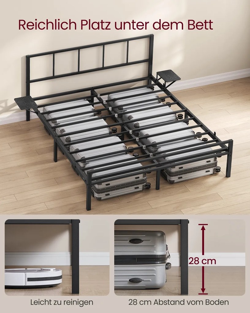 Estrutura de cama de casal 140 x 200 cm (COLCHÃO NÃO INCLUIDO) em metal com prateleiras de arrumação Preto