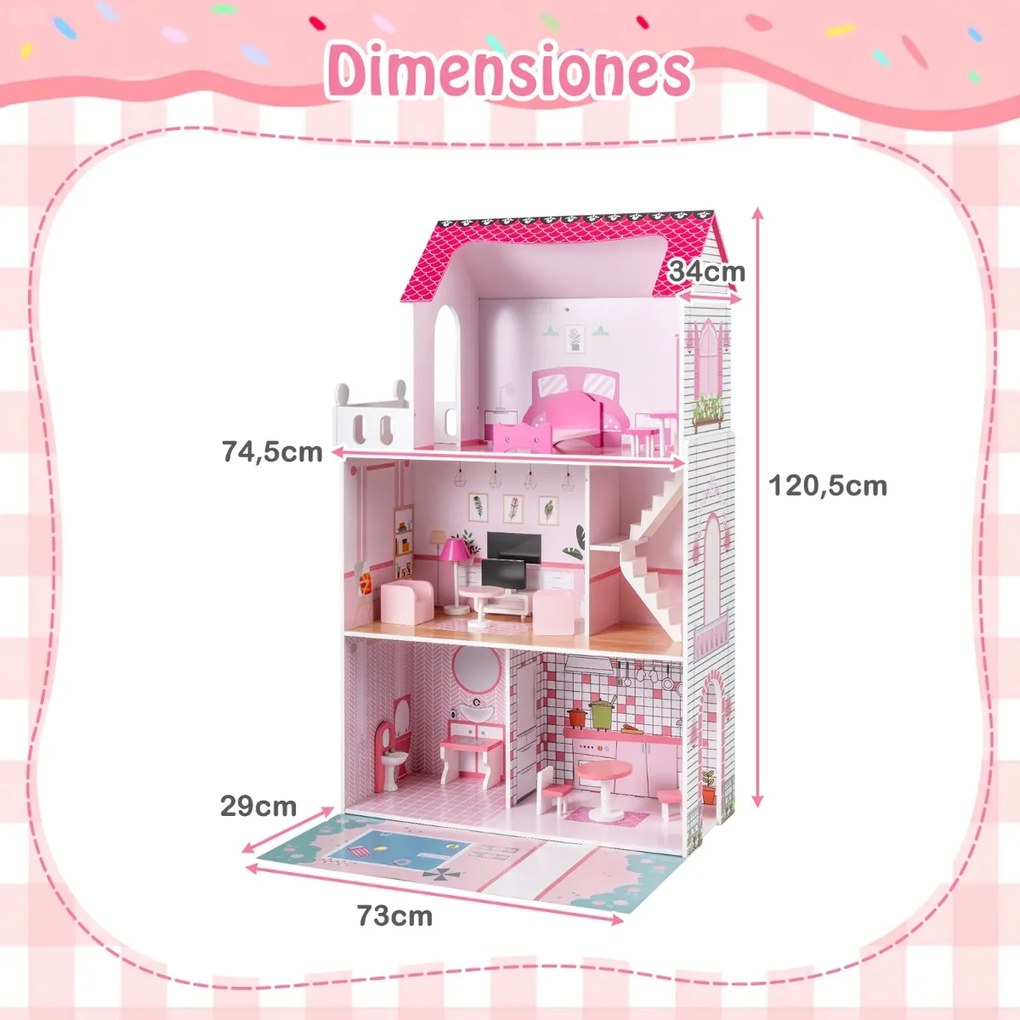 Casa de bonecas de madeira 74,5 x 34 x 120,5 cm com 18 peças de mobiliário e escada rosa