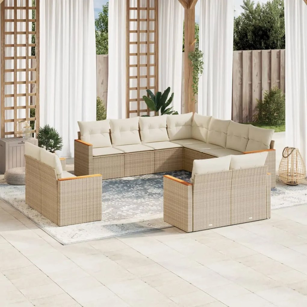 vidaXL 11 pcs conjunto sofás de jardim c/ almofadões vime PE bege