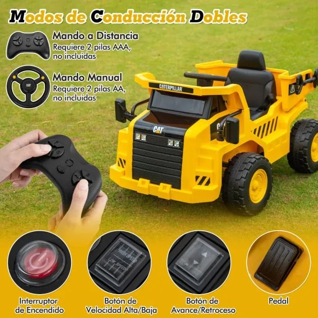 Camião Caterpillar basculante elétrico para crianças de 12 V licenciado com plataforma basculante, pega inclinada, pá de areia, luzes, música, amarelo