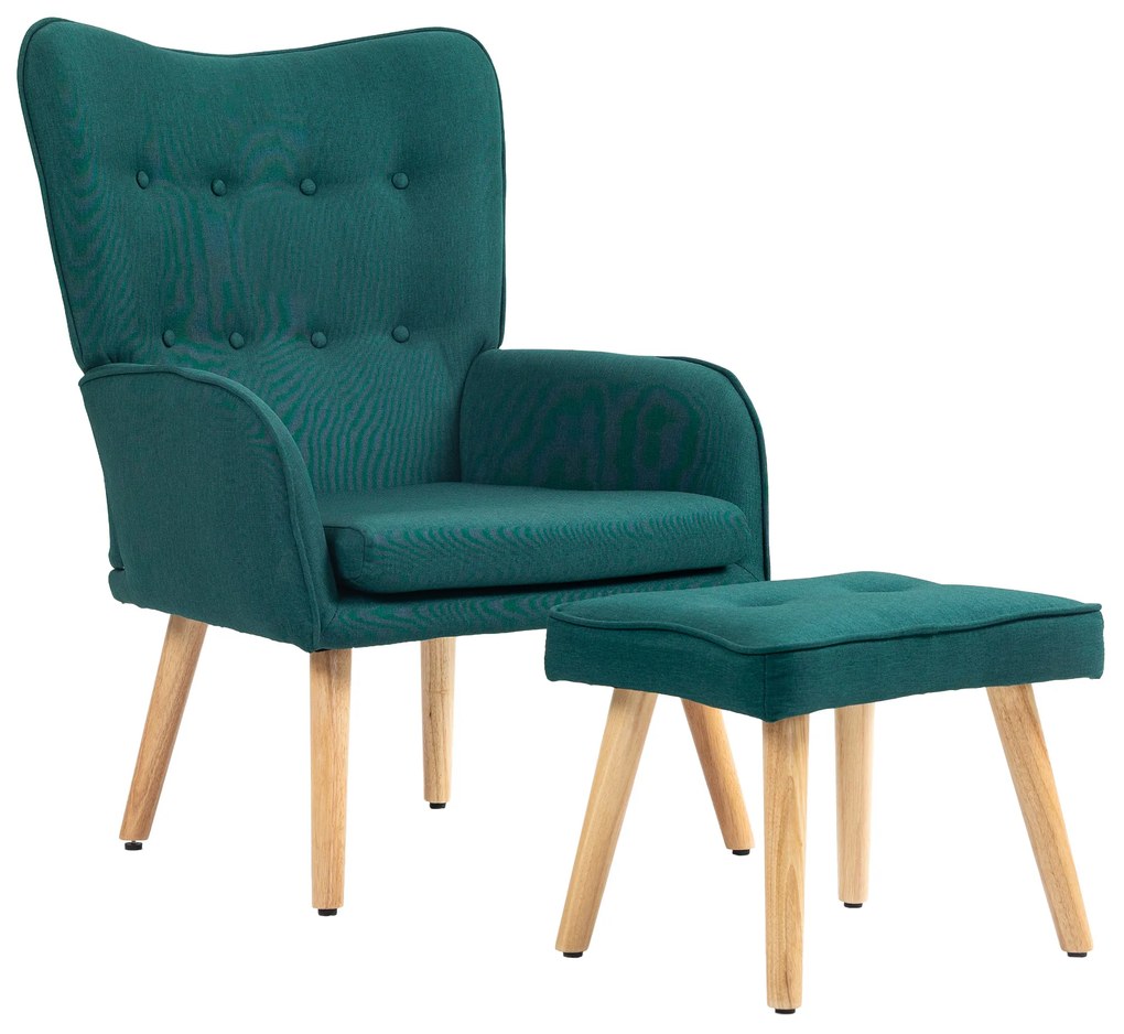 Poltrona com Apoio para Pés Poltrona de Leitura com Capitonê Pés de Madeira e Revestimento em Linho 70x72x94 cm Verde Escuro