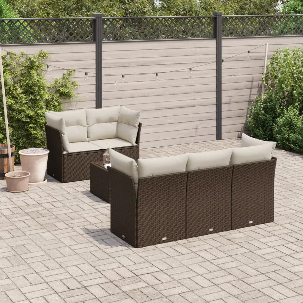 6 pcs conjunto de sofás jardim c/ almofadões vime PE castanho