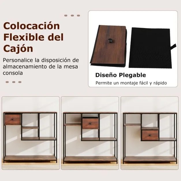 Mesa Consola 100 cm com Gaveta de Armazenamento e Estante de 4 Níveis Estilo Industrial para Sala e Corredor Castanho rústico e preto