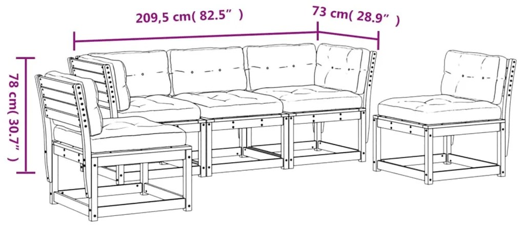 5 pcs conjunto de sofás de jardim com almofadões pinho maciço