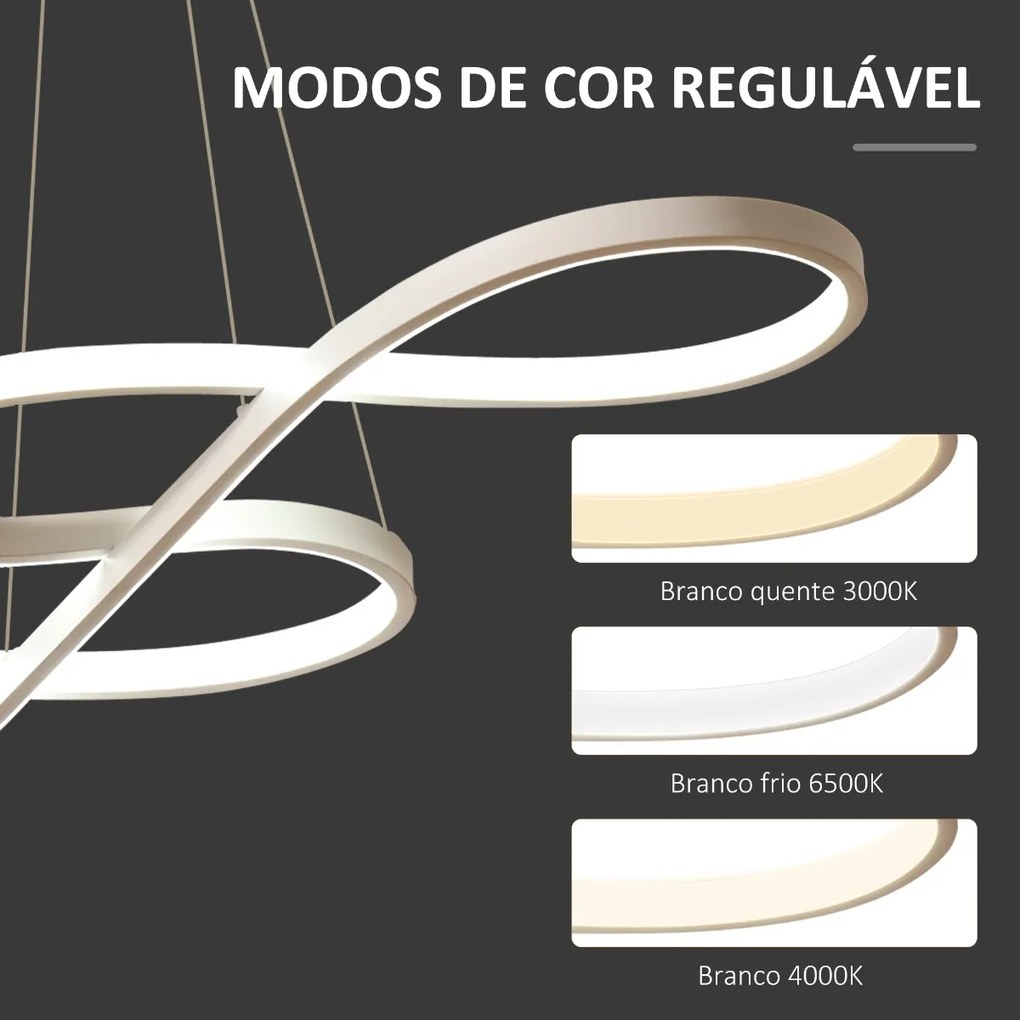 HOMCOM Candeeiro Suspenso de LED Moderno 70W Candeeiro de Teto com Altura Ajustável e Luz de 3 Cores 3000-6500K para Sala de Jantar Sala de Estar