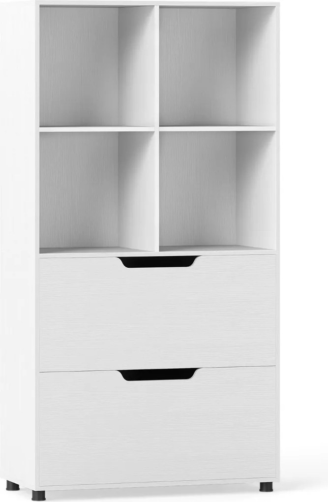 Estante de 4 cubos 70 x 33,5 x 130 cm com 2 gavetas de 5 níveis Design moderno em madeira para sala ou escritório Branco