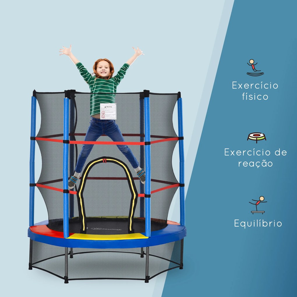 HOMCOM Trampolim Infantil Ø107 cm Trampolim para Crianças de 3-6 Anos com Rede de Segurança Carga 45 kg para Interior Ø140x160 cm Azul