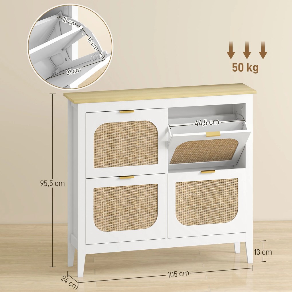 Sapateira Estreita com 4 Portas em Vime e Prateleiras Ajustáveis para 20 Pares de Sapatos 105x24x95,5 cm Branco