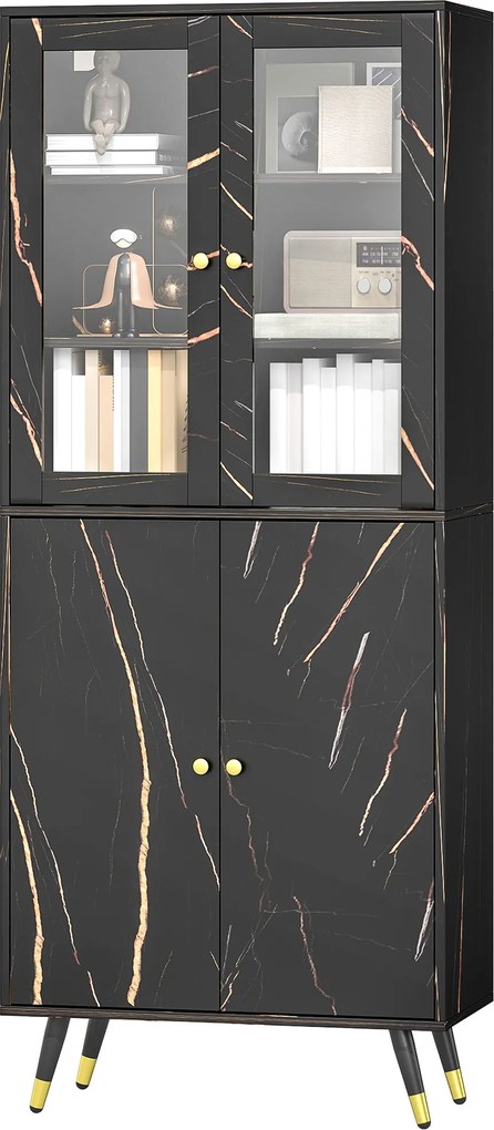 Biblioteca, estante com 6 prateleiras, móvel de arrumação com 6 prateleiras abertas, porta de vidro e armário embutido 70 x 35 x 170 cm, preto