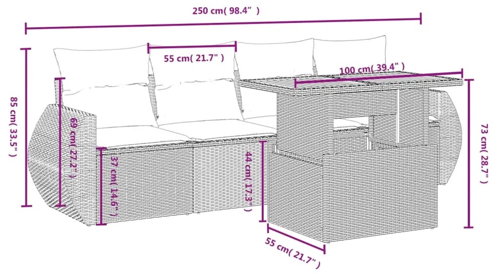 5 pcs conjunto sofás de jardim com almofadões vime PE preto