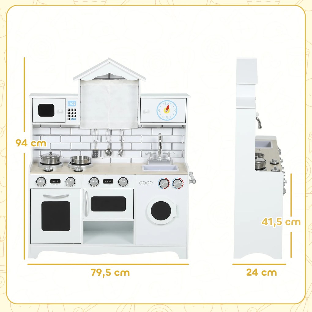 Cozinha de Madeira com Som Cozinha de Brincar com Acessórios em Aço Inoxidável Máquina de Lavar Micro-Ondas, Lava-Loiça 79,5x24x94 cm Branco