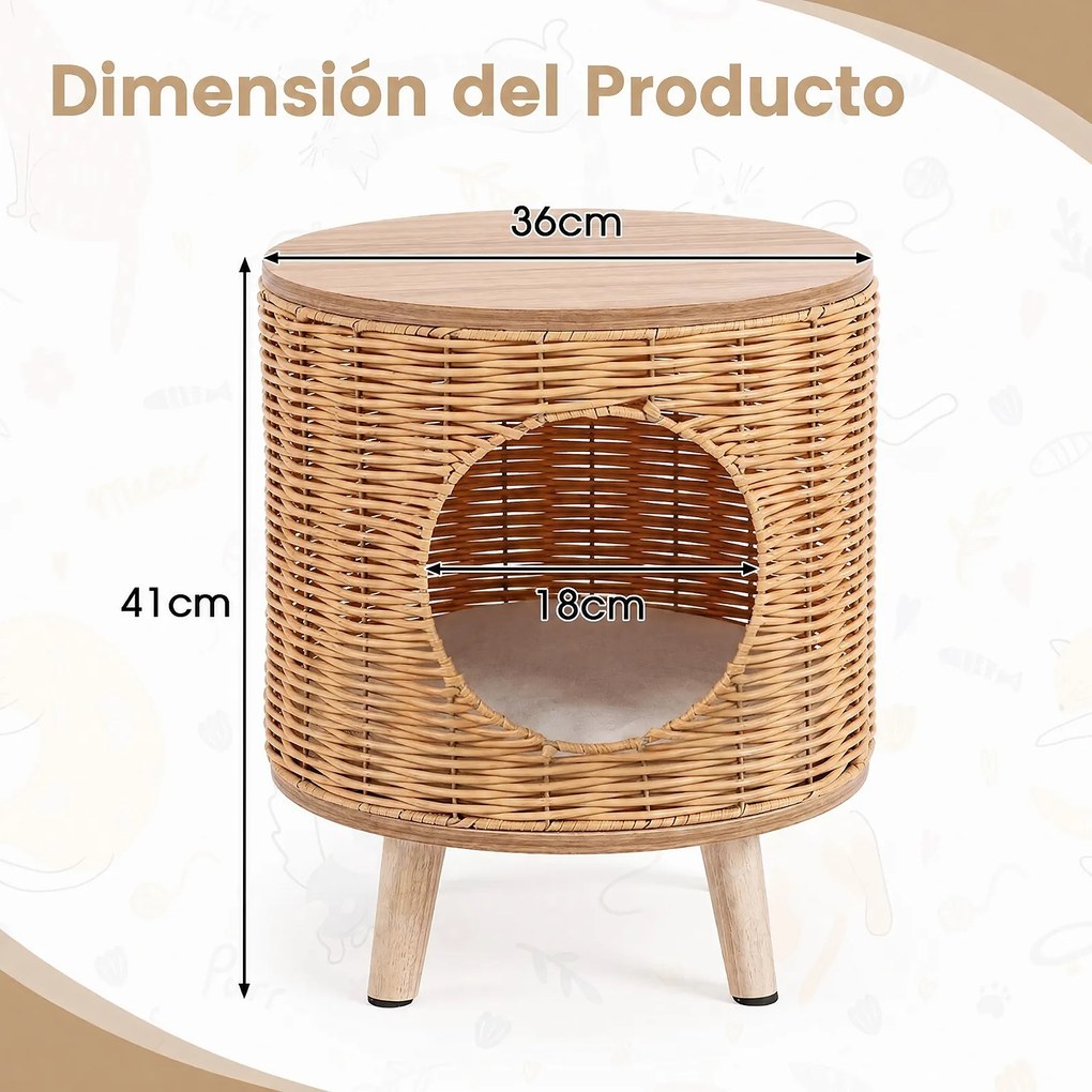 Casa para Gatos, 36 x 36 x 41 cm, Mesa de Apoio e Cama, Natural