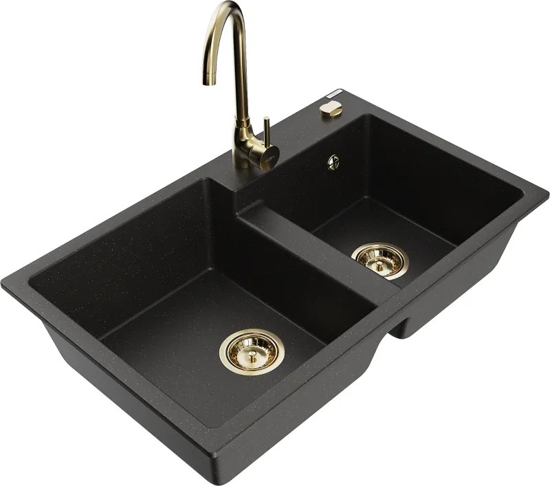 Mexen Tomas lava-loiça de granito com 2 cubas com torneira de cozinha Telma, preto/dourado metálico - 6516-75-670200-50