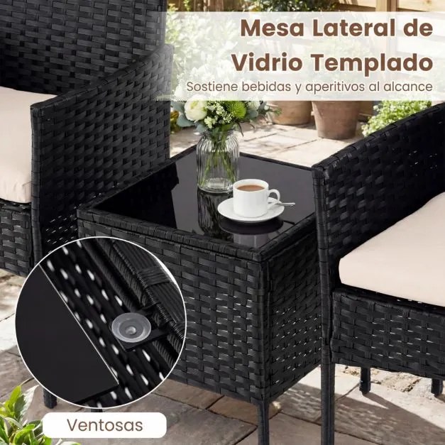 Conjunto de móveis de jardim de 3 peças em rattan com 2 cadeiras e Mesa auxiliar de vidro para terraço, pátio ou varanda Bege+Preto