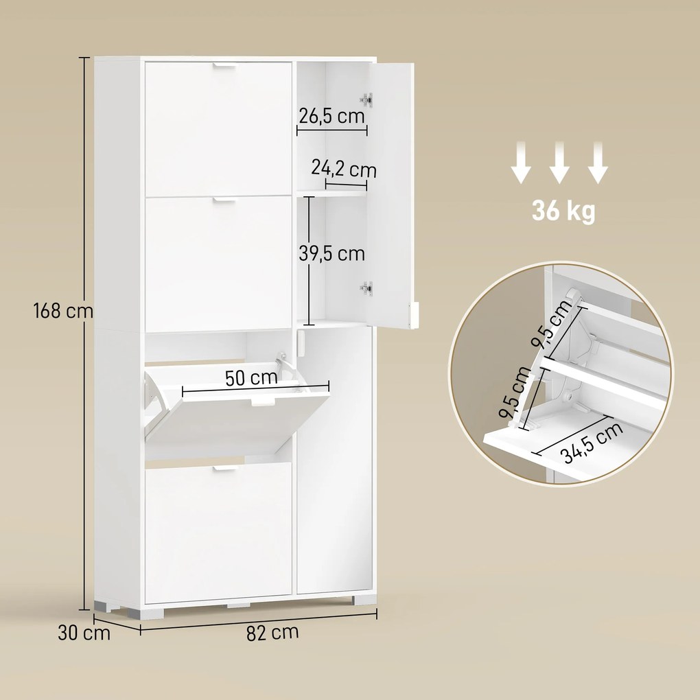 Sapateira, 82 x 30 x 168 cm, 4 Gavetas Basculantes, Branco