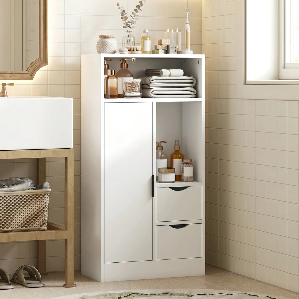 Armário para Casa de Banho com 2 Gavetas, Compartimentos Abertos e Prateleiras Ajustáveis para Espaços Pequenos 50x25x100 cm Branco
