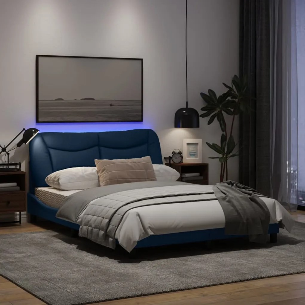 Estrutura de cama c/ luzes LED 120x200 cm tecido azul