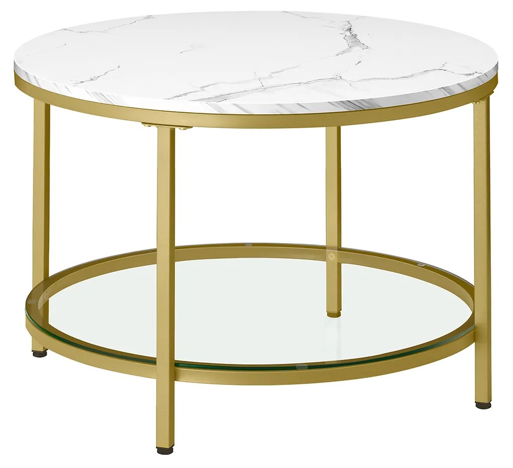 Mesa de centro com 2 níveis e tampo em vidro 65 x 46 cm (Ø x A) branco mármore e dourado claro