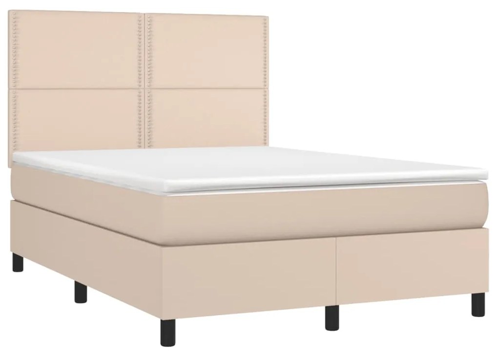Cama box spring c/colchão/LED 140x200cm couro artif. cappuccino