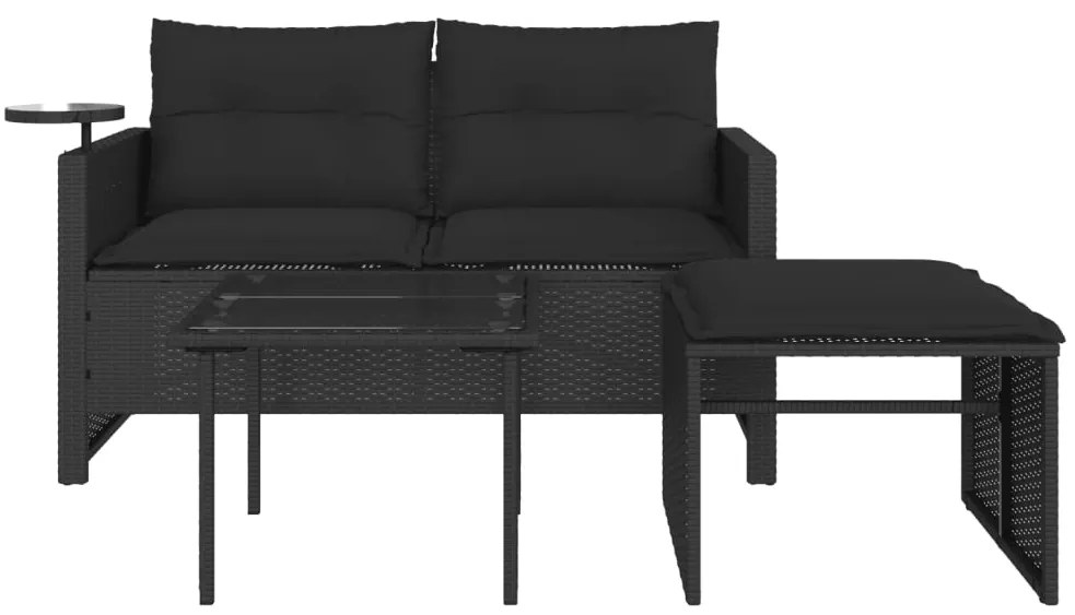 3 pcs conjunto sofás de jardim com almofadões vime PE preto