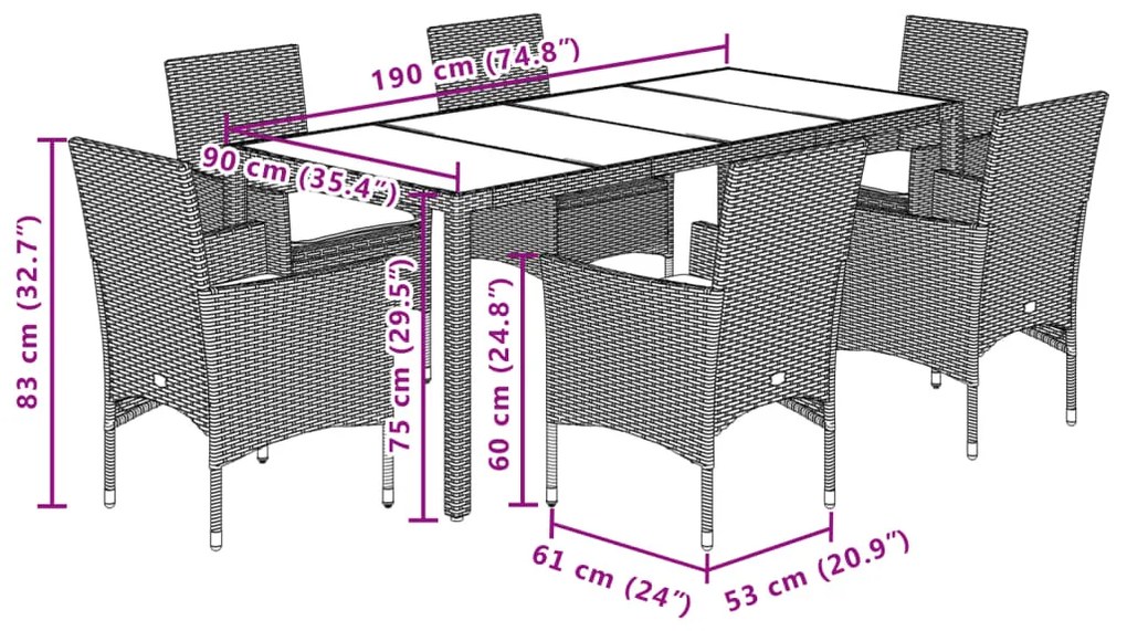 7 pcs conjunto jantar jardim c/ almofadões vime PE/acácia preto