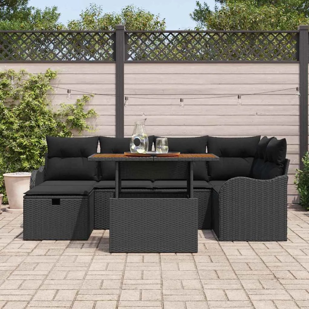 Conjunto de Sofá de Jardim com 7 Peças e Almofadas pretas de Polyratta