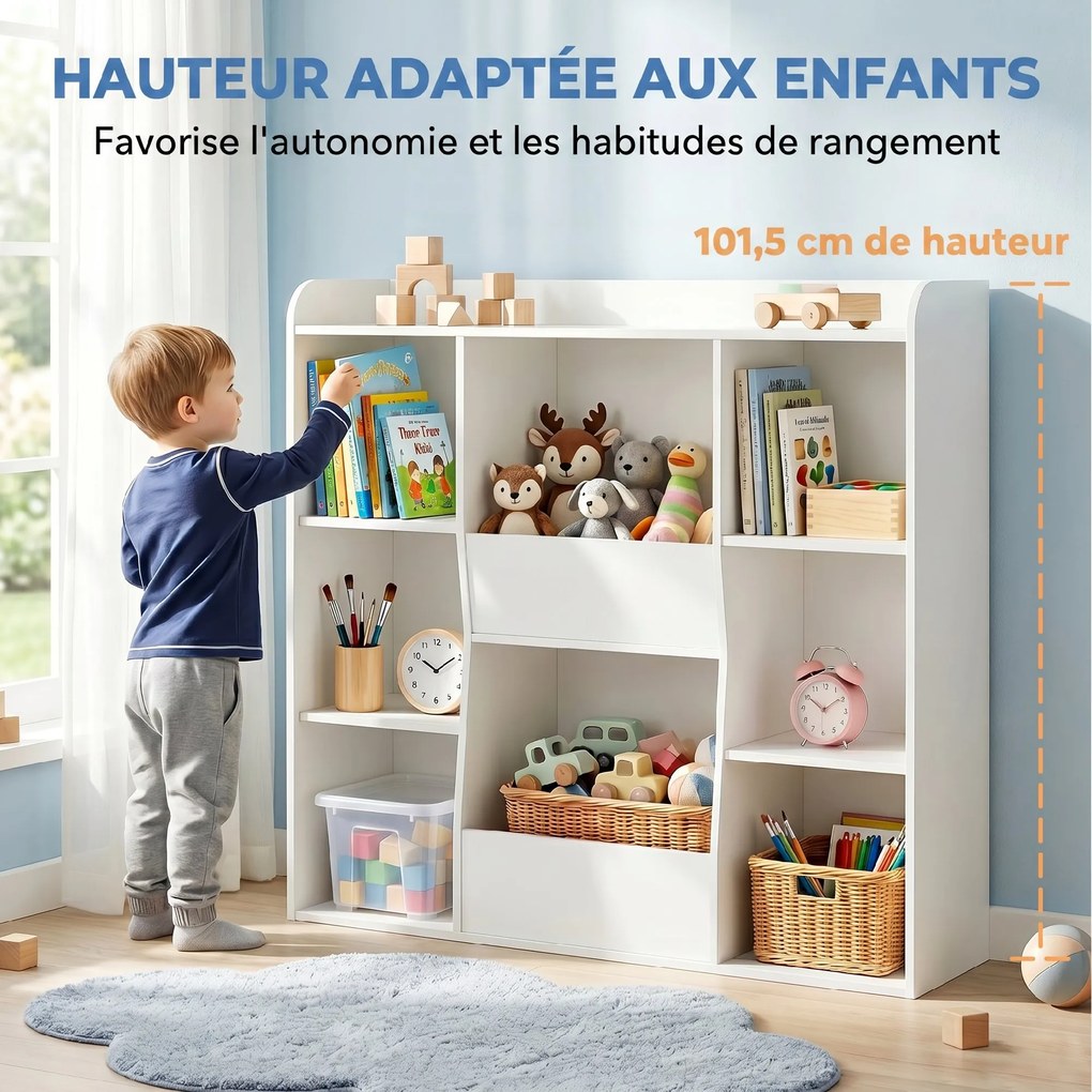 Móvel de arrumação infantil, estante infantil com 8 compartimentos e prateleira superior, 104 x 29 x 101,5 cm, branco