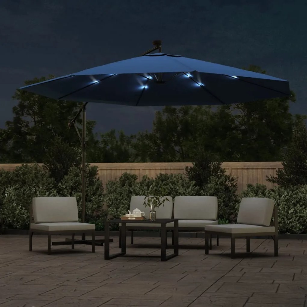 Guarda-sol de jardim cantilever com luzes LED 350 cm azul-ciano