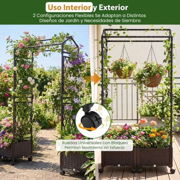 Floreira de jardim 81 x 40 x 162 cm com rega automática, com treliça e rodas bloqueáveis em rattan para plantas trepadeiras, tomates ou flores, castan