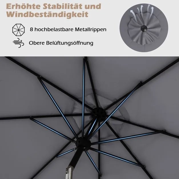 Guarda-sol Ø303 cm com manivela, dobrável em ambos os lados 25°, guarda-sol cinzento