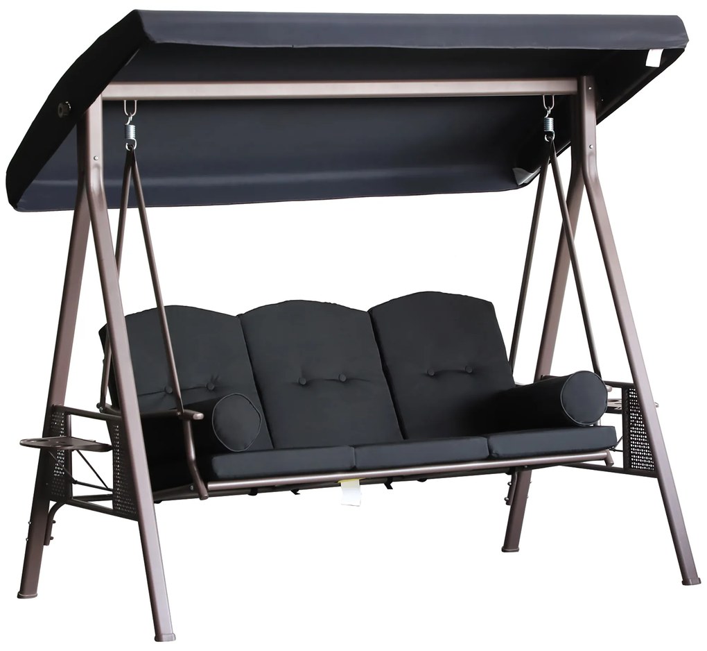 Outsunny Banco Baloiço de Jardim de 3 Lugares com Teto 2 Almofadas Suporte para Bebidas 207x120,5x174 cm Preto