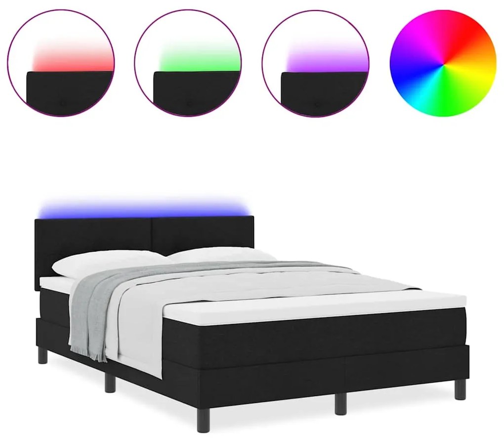 Cama Box Spring com Colchão &amp; LED Preto 140x200 cm Tecido