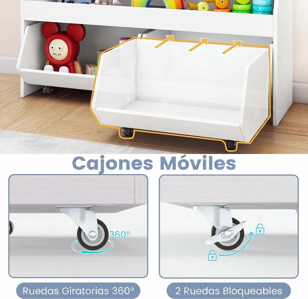 Estante de Arrumação para Brinquedos, 102 x 30 x 60 cm, Com 2 Estantes e 2 Gavetas, Branco