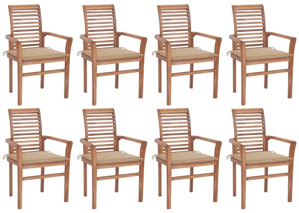 vidaXL Cadeiras de jantar 8 pcs c/ almofadões bege teca maciça