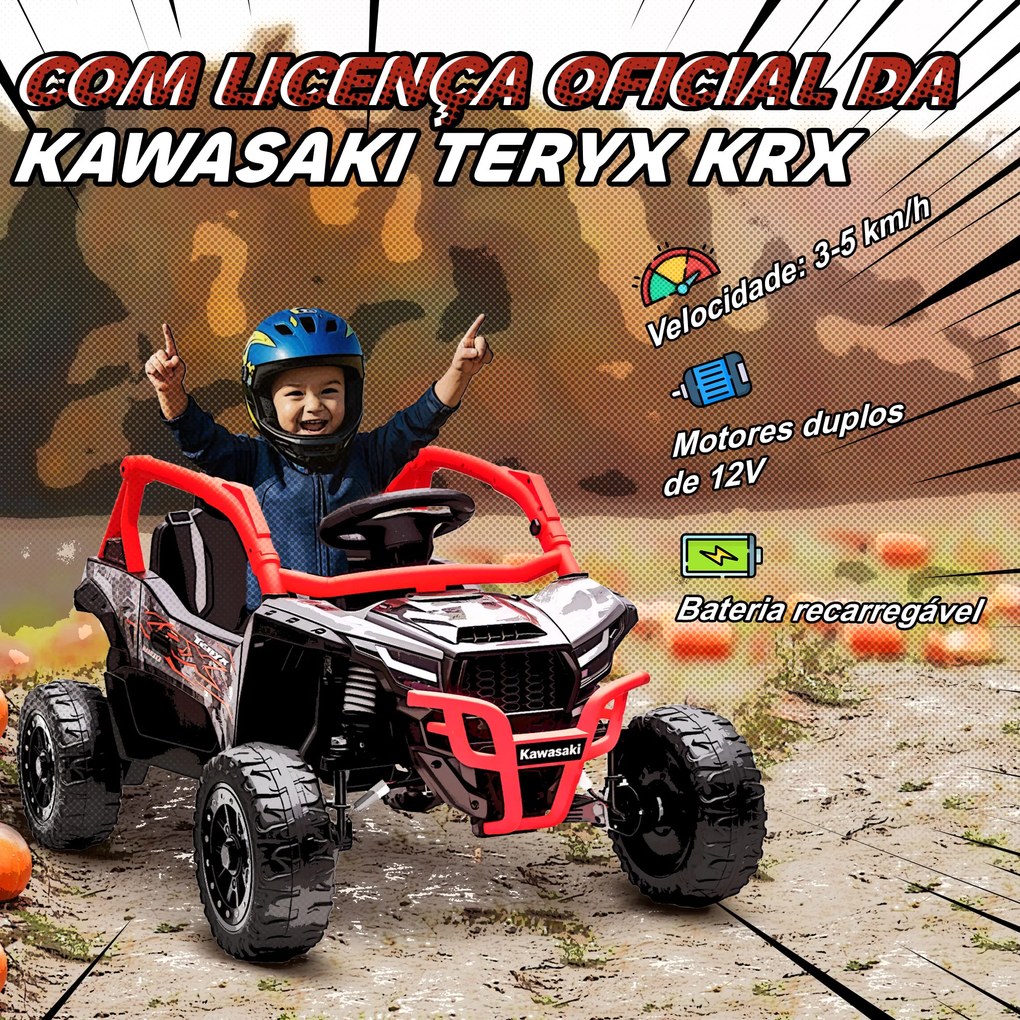 Carro Elétrico para Crianças 12V Kawasaki Teryx KRX 1000 com 2 Motores Faróis e USB 100x64x56 cm Vermelho