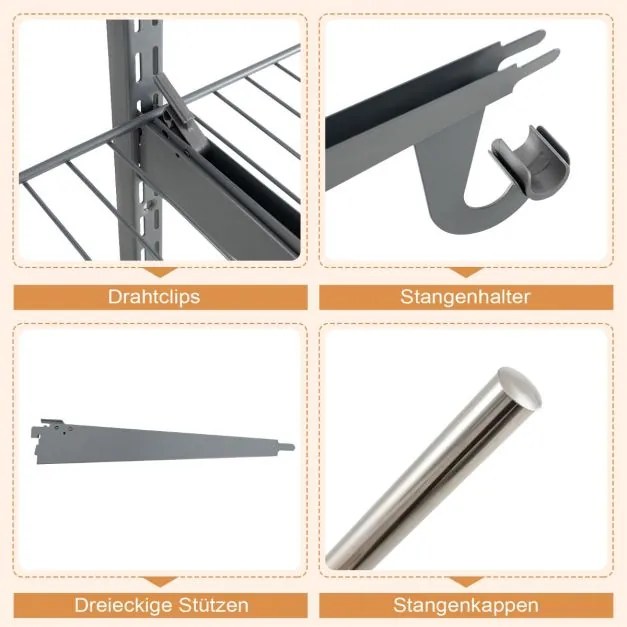 Armário aberto para roupa 122 - 244 cm Cabide de parede extensível Sistema de armazenamento DIY Cinza