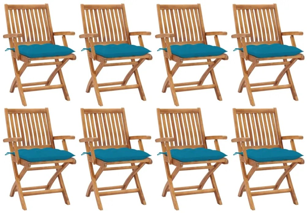 vidaXL Cadeiras de jardim dobráveis c/ almofadões 8 pcs teca maciça