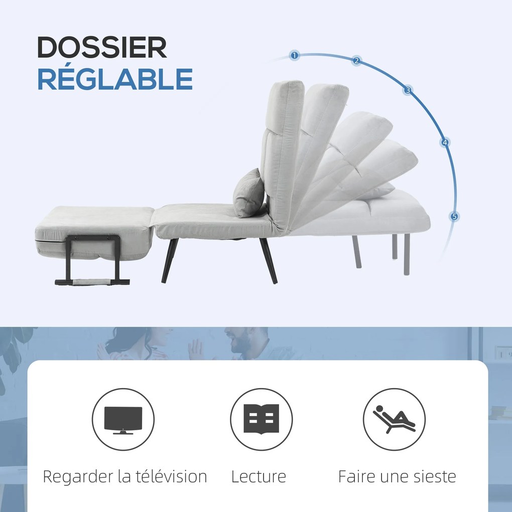 Poltrona convertível 3 em 1 em cama individual com encosto reclinável em 5 posições, braços e almofada, tecido com efeito de veludo, cinzento
