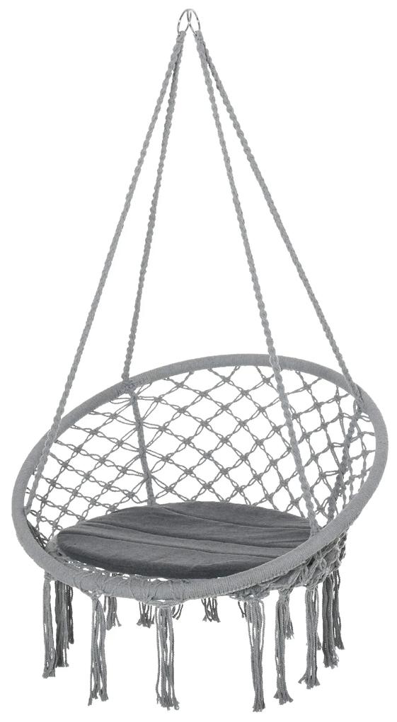 Cadeira suspensa redonda Ø60 cm Cadeira de rede de balanço com almofada e corda de algodão para interior e exterior 80x80x42 cm Cinza