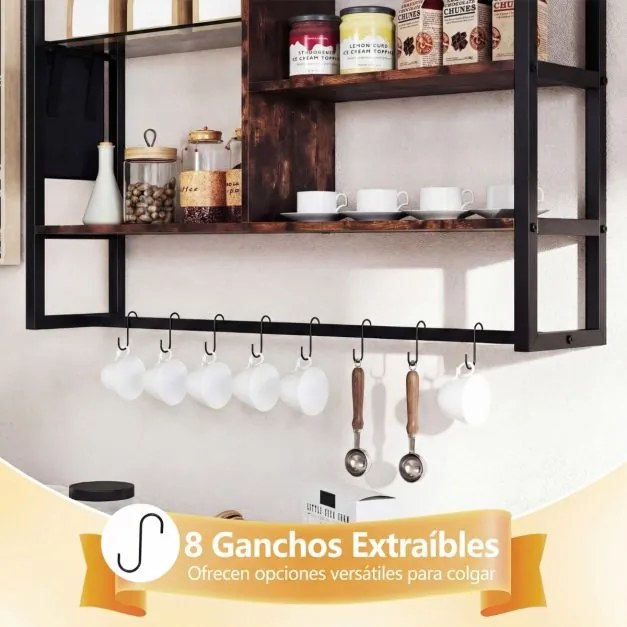 Prateleira suspensa moderna 107 x 24 x 96 cm, 6 níveis, 8 ganchos e bolso lateral para cozinha, bar ou casa – Preta e castanha